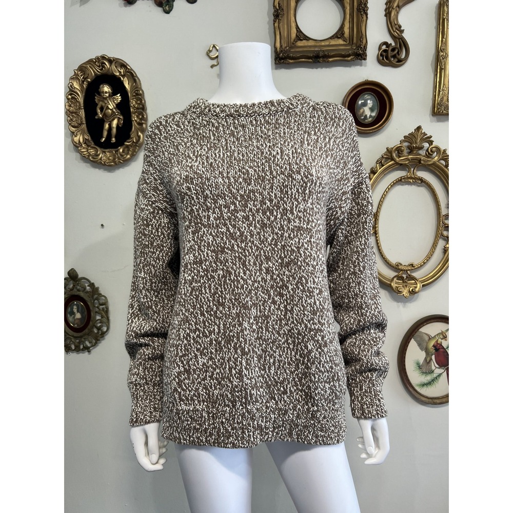 Reformation Brown White Cotton Chunky Knit Crewneck Pullover Sweater Size Medium